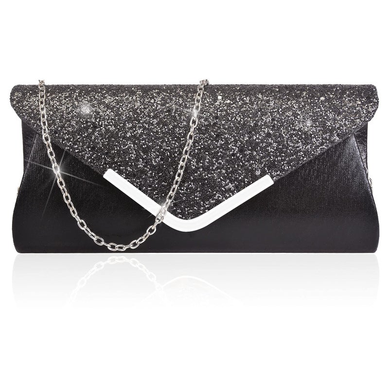 Rancco Women Evening Envelope Handbag Prom Sequin Clutch Purse Shoulder Cross Body Bag (Black) - Image 1